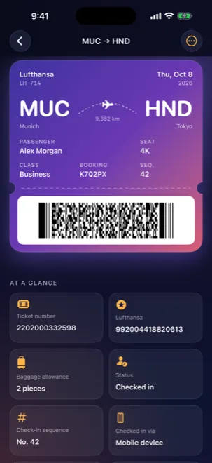 YourCheck-In showing a decoded Lufthansa boarding pass from Munich to Tokyo